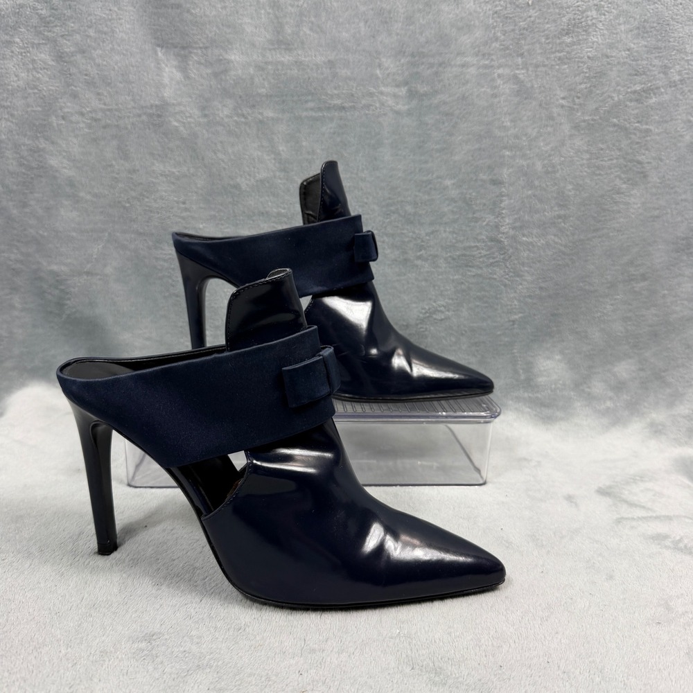 Zara Womens 40 Navy Blue Pointed Toe Bow Mule Stiletto Heel Office Siren Shoes